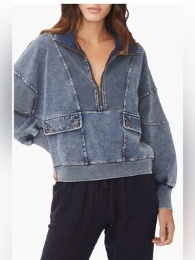 SUNDAYS Camille Half Zip Denim Pullover Sweatshirt Size 1 Blue Oversized